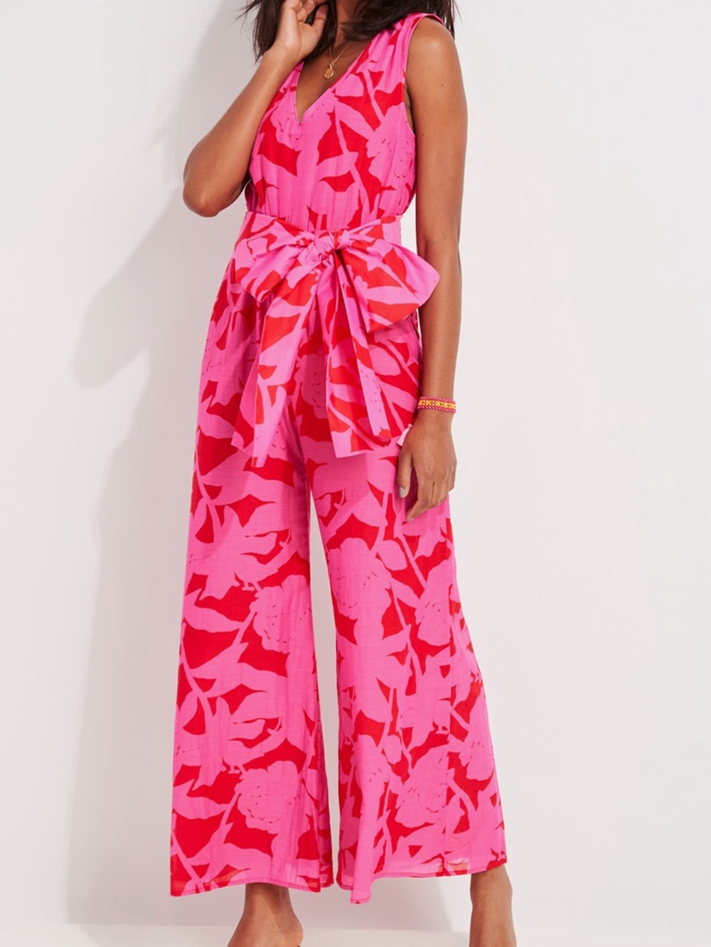 Vineyard Vines Pink & Red Floral V-Neck Wide-Leg Jumpsuit with Tie Waist
